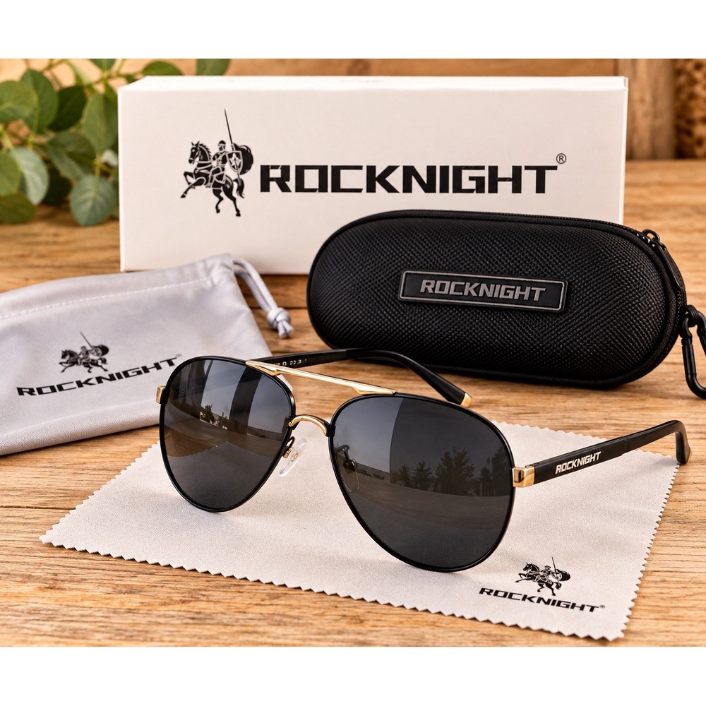 ROCKNIGHT 8503 Aviator Sunglasses Polarized Gray Lens Black Gold 58mm New